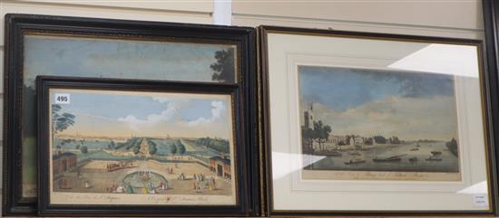 Four 18th century English coloured engravings, Views of Kensington Palace, St James Park, Putney and Hampton